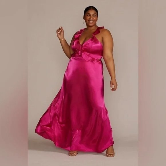 NWT David's Bridal HOT PINK! Satin Ruffle Maxi Dress~ 18W - Picture 1 of 3
